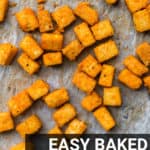 easy baked buffalo tofu on a baking sheet