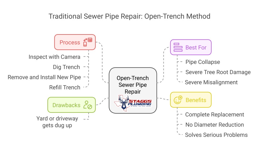 When your sewer line needs complete replacement, Staggs Plumbing's traditional open-trench method provides the most thorough and permanent solution available. With over 30 years of specialized experience, our highly-trained technicians first use advanced camera technology to precisely locate the damage, then carefully excavate along the pipe's path while protecting your property's other utilities. Unlike less experienced companies, Staggs' expert team removes the entire damaged pipe and replaces it with high-quality, durable materials that maintain full flow capacity and prevent future issues. Our meticulous approach includes proper bedding, precise slope adjustment, and professional backfilling techniques that prevent settling and ensure decades of trouble-free operation. While this method does involve excavation, our experienced crews minimize disruption through efficient work practices and thorough cleanup, restoring your property to its pre-repair condition. When you need the most reliable, long-lasting sewer repair possible, Staggs Plumbing's three decades of specialized experience make us the obvious choice for homeowners who want the job done right the first time.