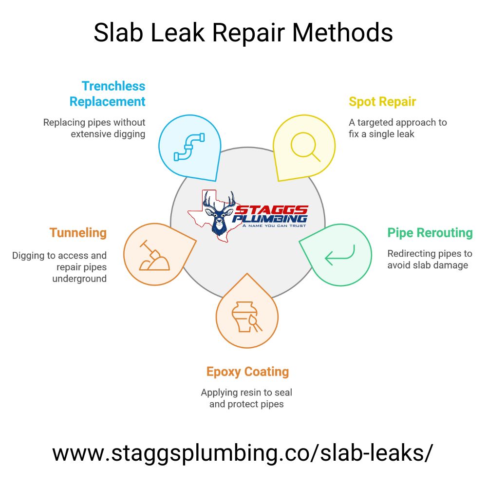 Repairing slab leaks promptly is crucial to prevent structural damage, mold growth, and high water bills. Staggs Plumbing in Dallas offers multiple repair methods, each suited to specific situations. Spot repair involves accessing and fixing the exact leak location, ideal for single leaks but can be invasive. Pipe rerouting bypasses the slab entirely, making future access easier and suitable for multiple leaks, though it may be costly. Epoxy pipe coating applies a resin inside pipes to seal leaks without excavation, best for minor leaks in hard-to-reach areas. Tunneling under the slab allows pipe repair without interior disruption, making it useful for high-value interiors but labor-intensive. Trenchless pipe replacement pulls a new pipe through the old one, minimizing surface damage, ideal for outdoor pipes but requires specific conditions. Each method is tailored to provide effective, lasting solutions depending on the severity and location of the slab leak.