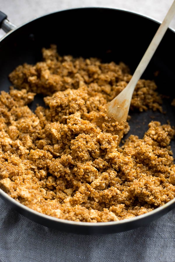 Vegan Tofu Quinoa Taco Meat: A vegan taco meat replacement! It's naturally gluten free and is ready in about 10 minutes! || fooduzzi.com recipe