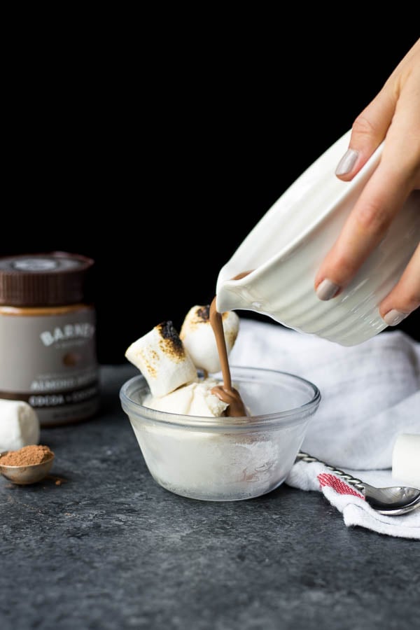 Vegan Almond Butter Hot Chocolate Affogato: A trashed-up version of the classic Italian dessert! Vegan, gluten free, and crazy simple. || fooduzzi.com recipe